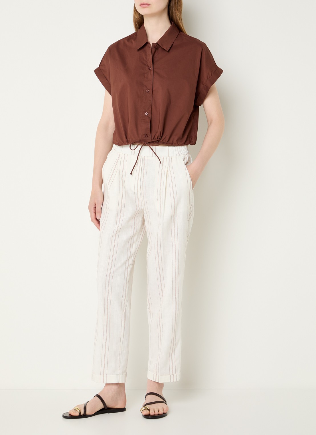 Benetton High waist straight fit broek in linnenblend met streepprint - voorkant 3 gebroken wit