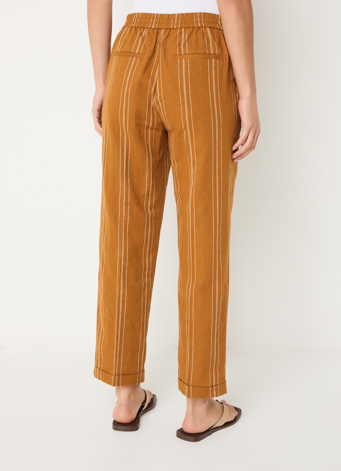 Benetton High waist straight fit broek in linnenblend met streepprint - achterkant oranjebruin