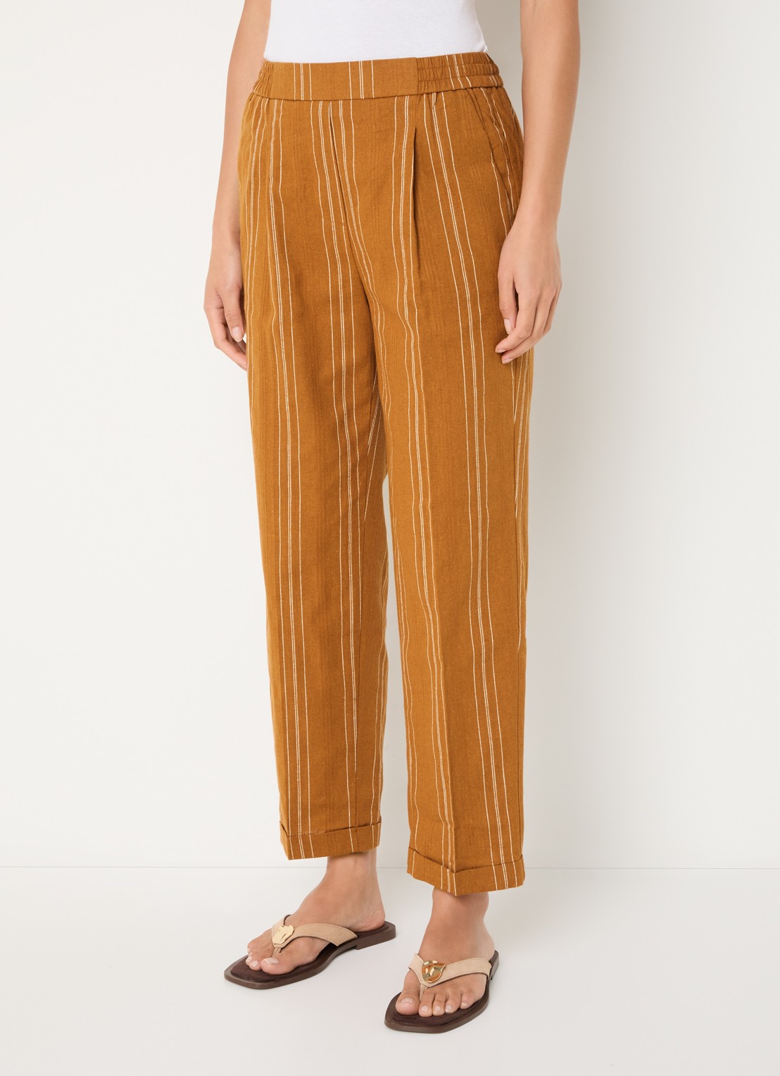Benetton High waist straight fit broek in linnenblend met streepprint - detail 4 oranjebruin