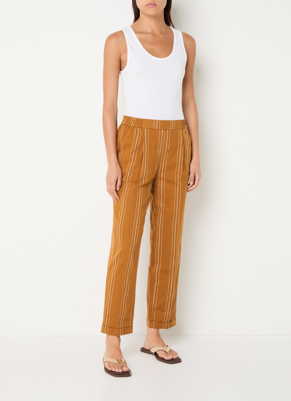 Benetton High waist straight fit broek in linnenblend met streepprint - voorkant 3 oranjebruin