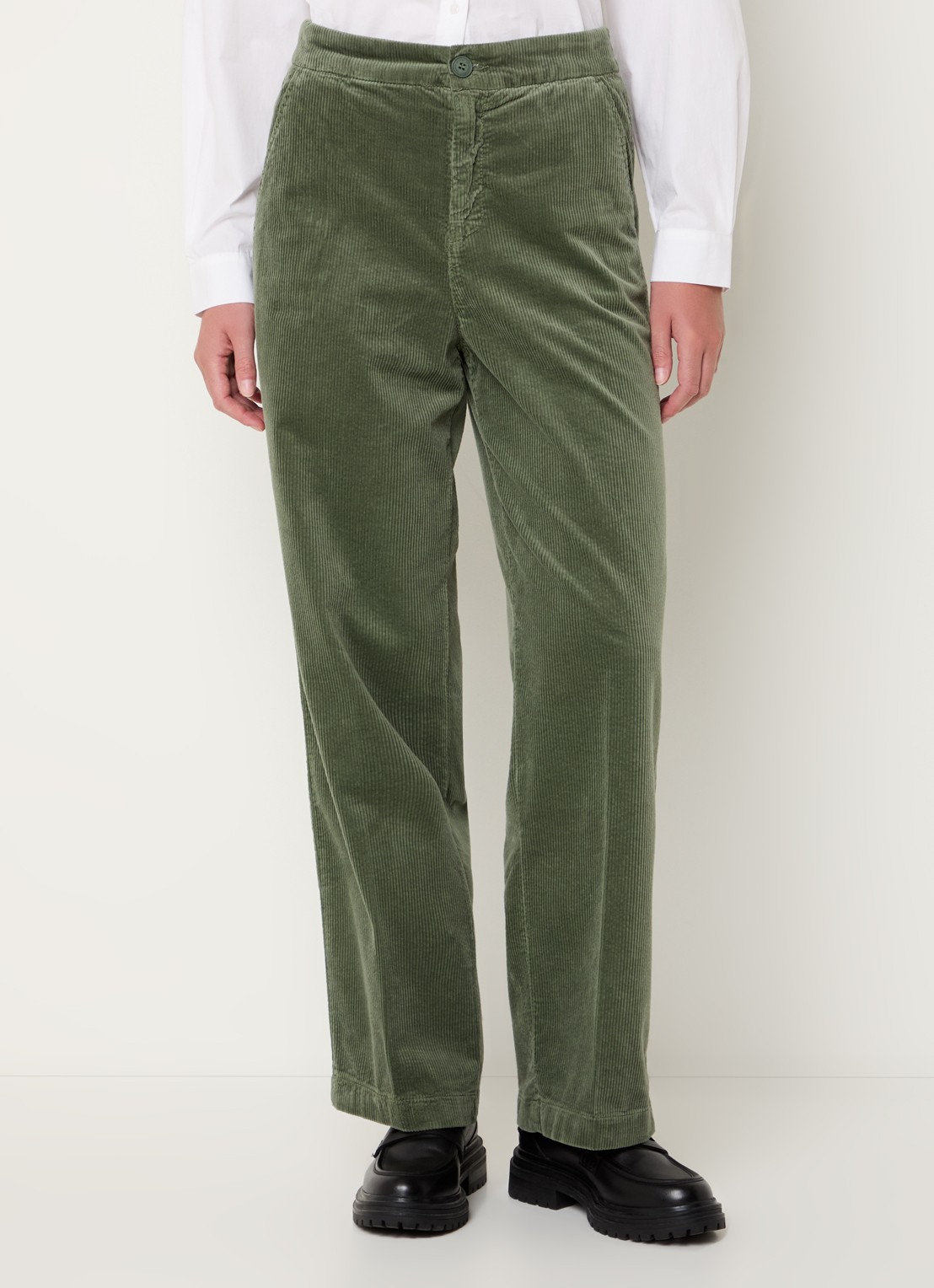 Benetton High waist straight fit broek van corduroy met steekzakken - detail 4 groen