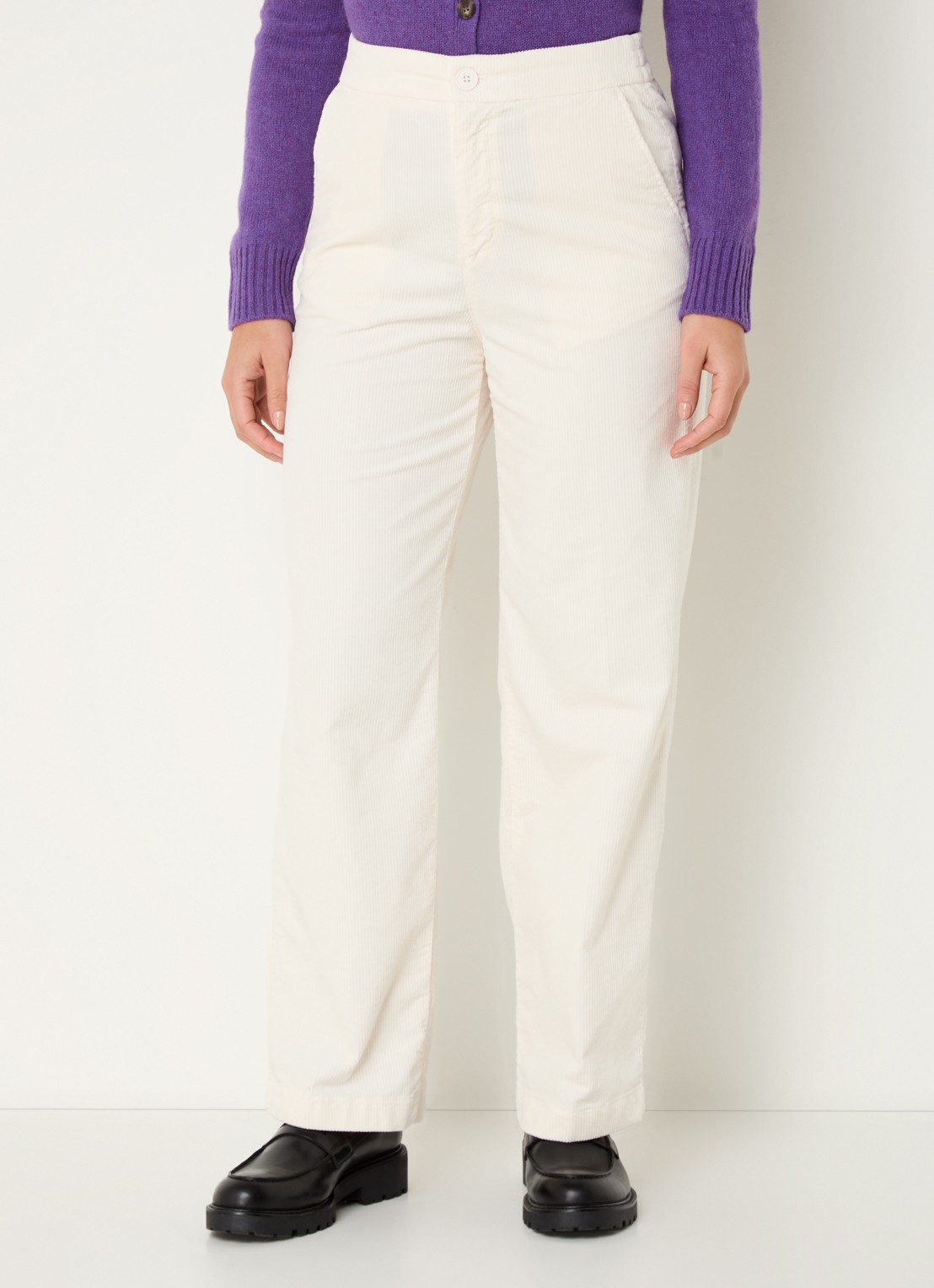 Benetton High waist straight fit broek van corduroy met steekzakken - detail 4 ivoor