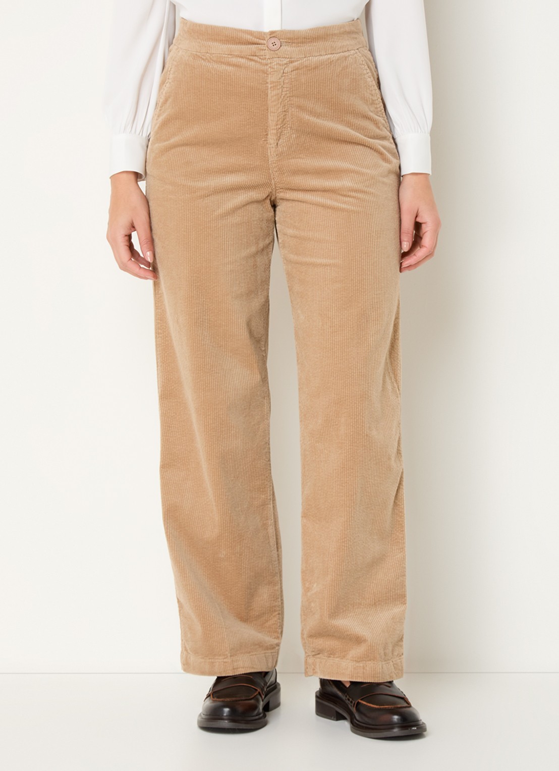 Benetton High waist straight fit broek van corduroy met steekzakken - detail 4 camel