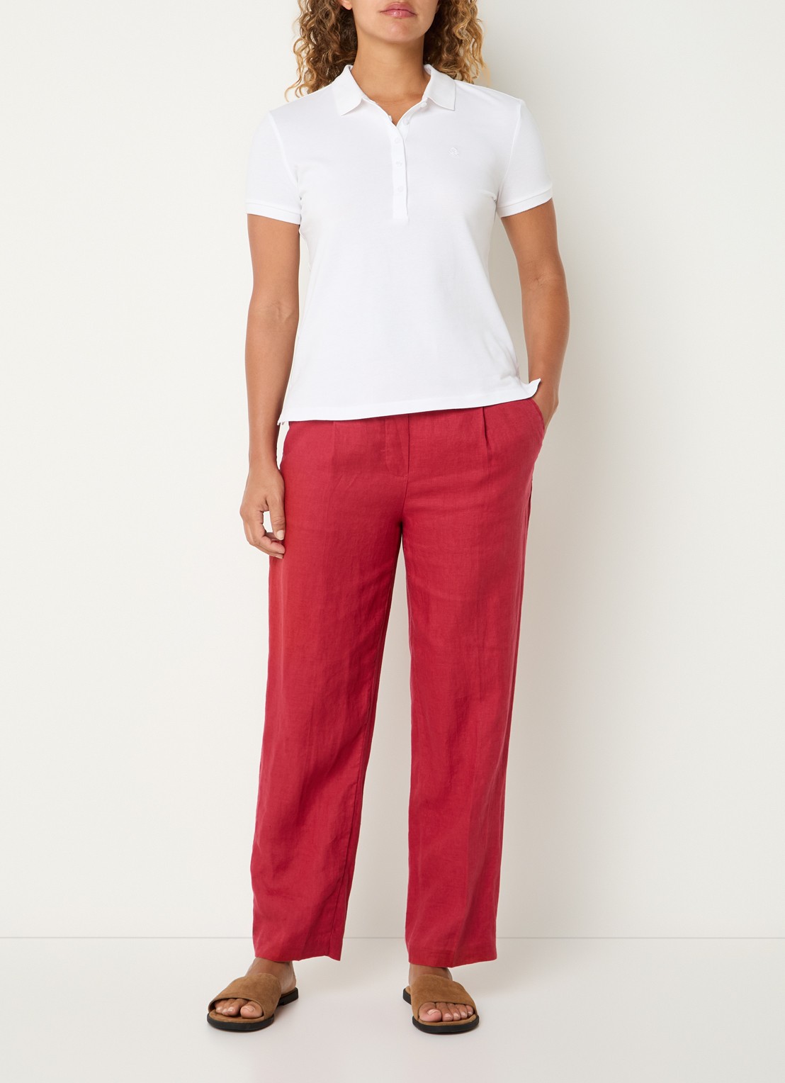 Benetton High waist straight fit chino van linnen met steekzakken - voorkant 2 rood