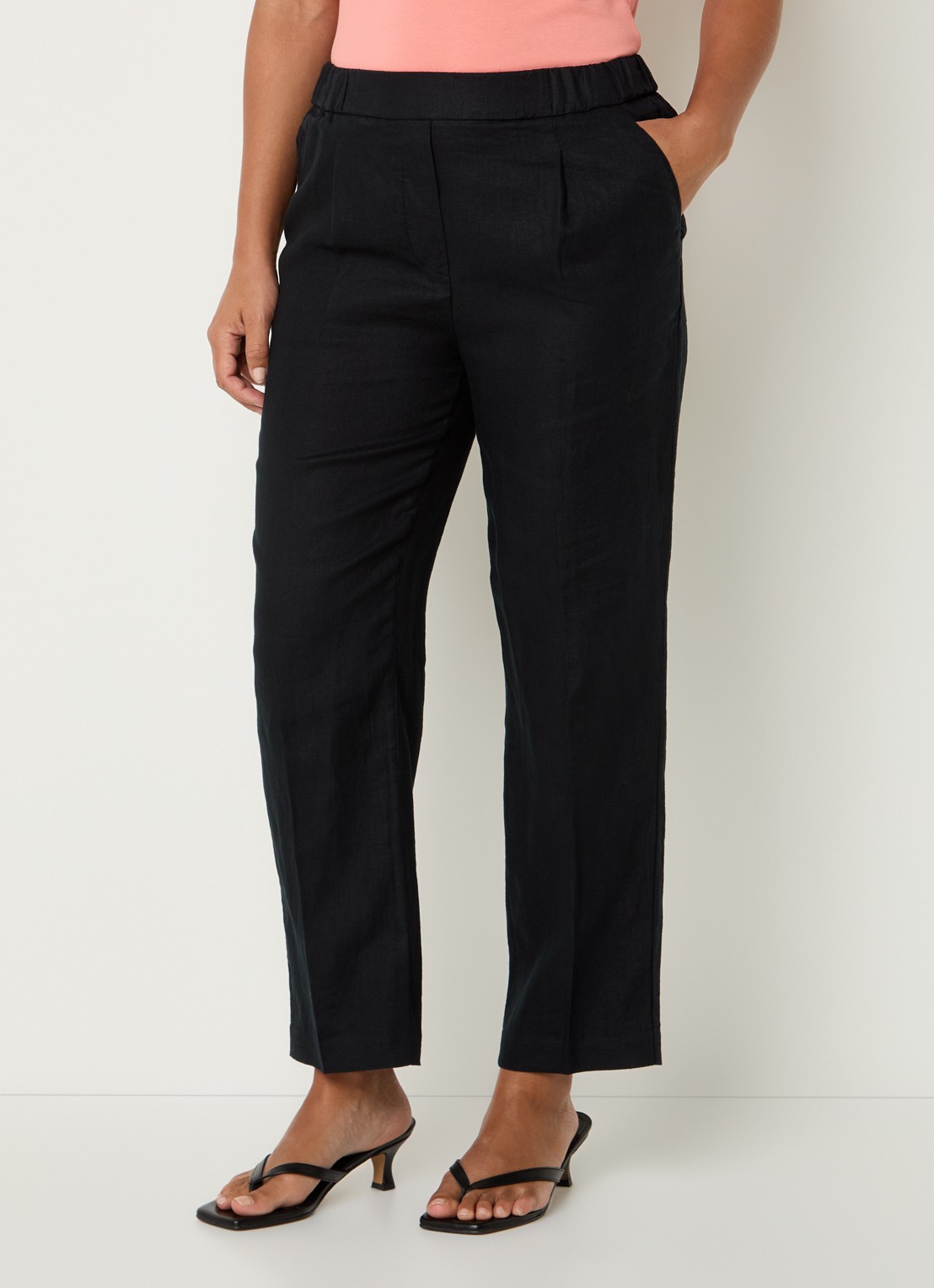 Benetton High waist straight fit chino van linnen met steekzakken - detail zwart