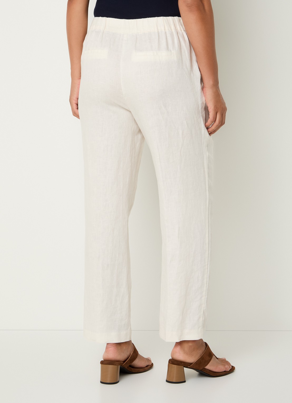 Benetton High waist straight fit chino van linnen met steekzakken - achterkant 4 creme