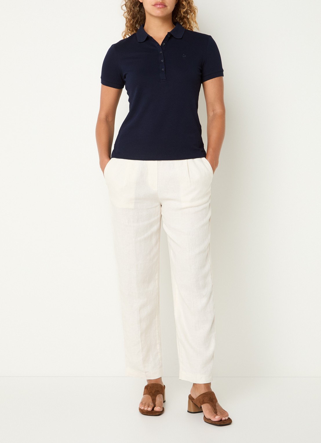 Benetton High waist straight fit chino van linnen met steekzakken - voorkant 2 creme