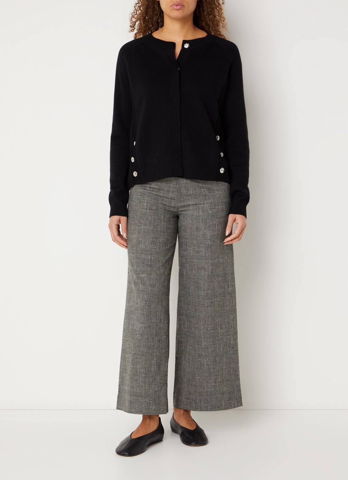 Benetton High waist straight fit pantalon in linnenblend met ruitdessin - voorkant 3 grijs