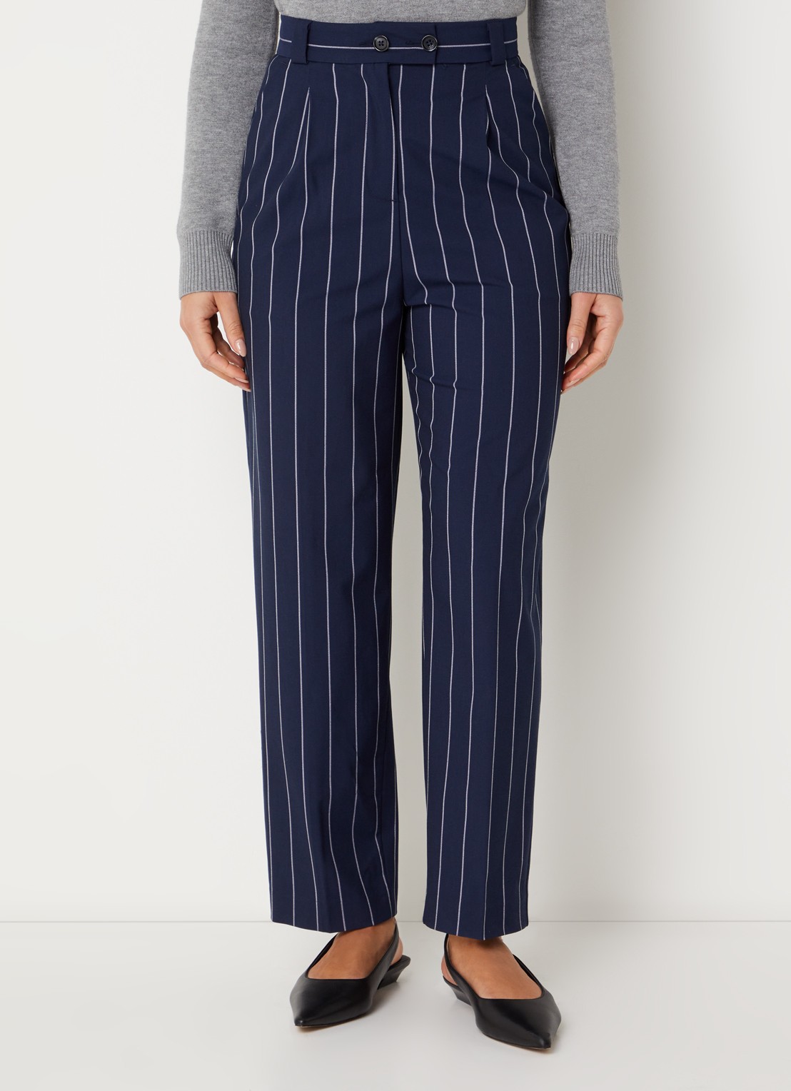 Benetton High waist straight fit pantalon met streepprint - detail donkerblauw