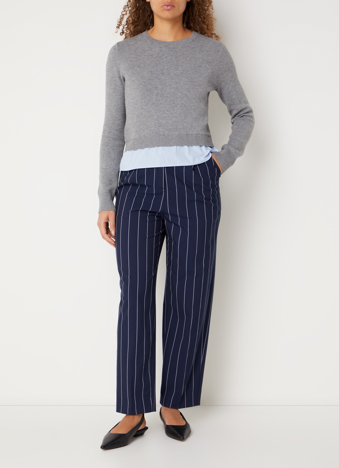 Benetton High waist straight fit pantalon met streepprint - voorkant 3 donkerblauw