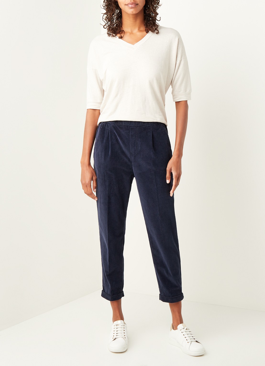 Benetton High waist tapered cropped pantalon van corduroy - voorkant 4 donkerblauw