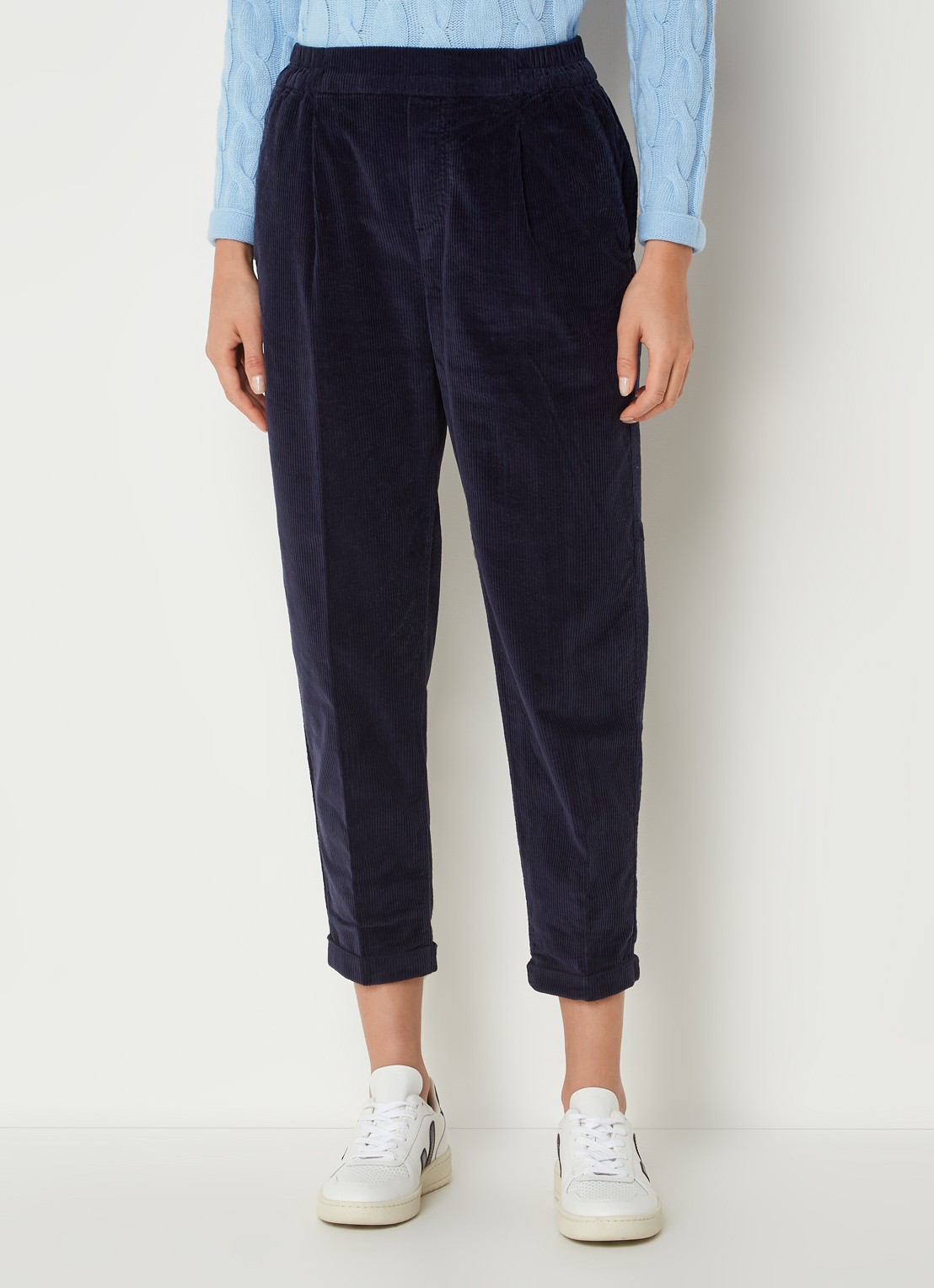 Benetton High waist tapered cropped pantalon van corduroy - detail 7 donkerblauw