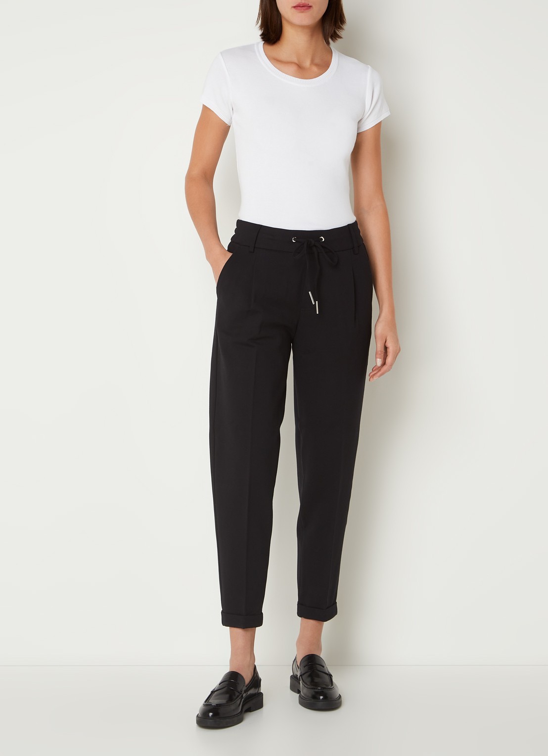 Benetton High waist tapered fit cropped pantalon met trekkoord - voorkant 2 zwart