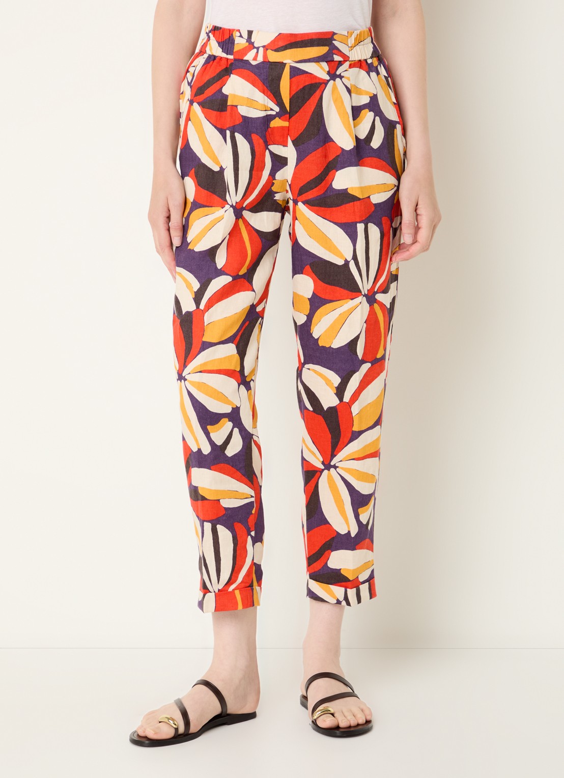 Benetton High waist tapered fit joggingbroek van linnen met print - detail 4 orange