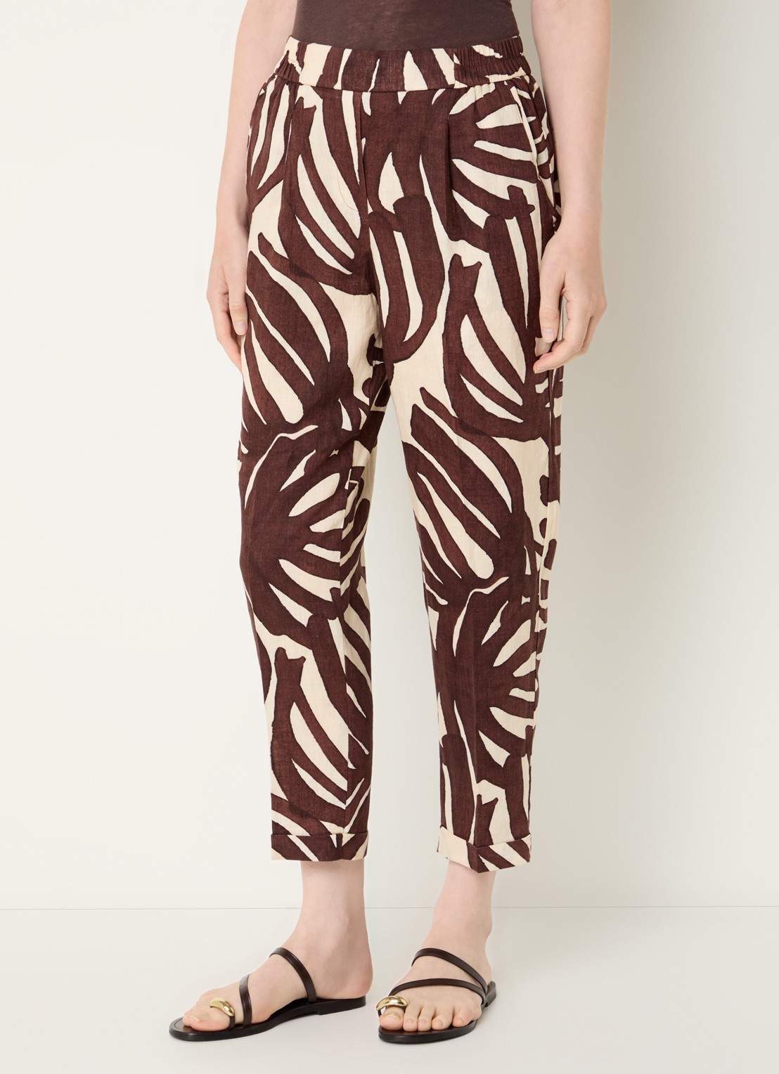 Benetton High waist tapered fit joggingbroek van linnen met print - detail 2 bruin