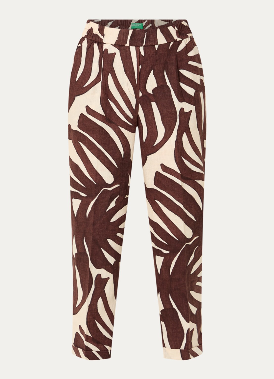Benetton High waist tapered fit joggingbroek van linnen met print - voorkant 3 bruin