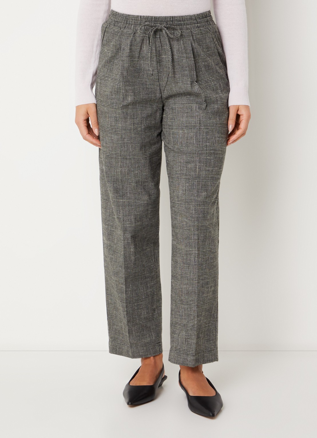 Benetton High waist tapered fit pantalon in linnenblend met ruitdessin - detail 4 grijs