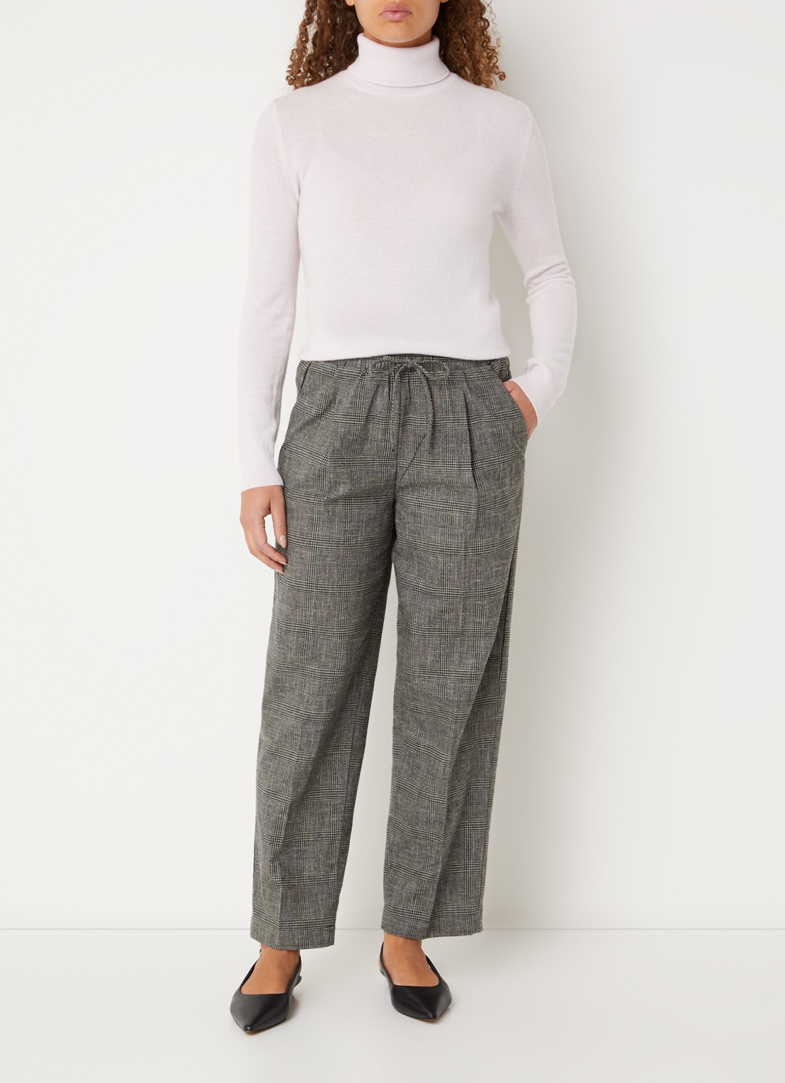 Benetton High waist tapered fit pantalon in linnenblend met ruitdessin - voorkant 3 grijs
