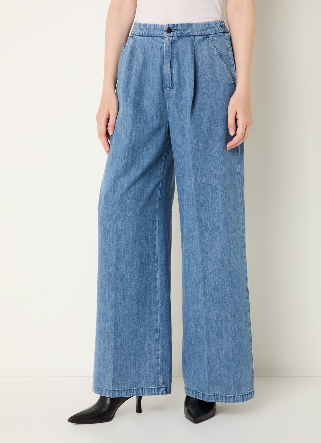 Benetton High waist wide fit broek van chambray met plooidetail - detail indigo
