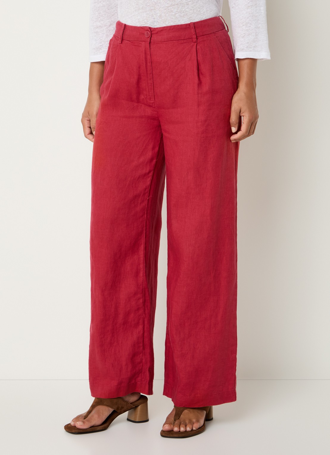 Benetton High waist wide fit chino van linnen met steekzakken - detail rood
