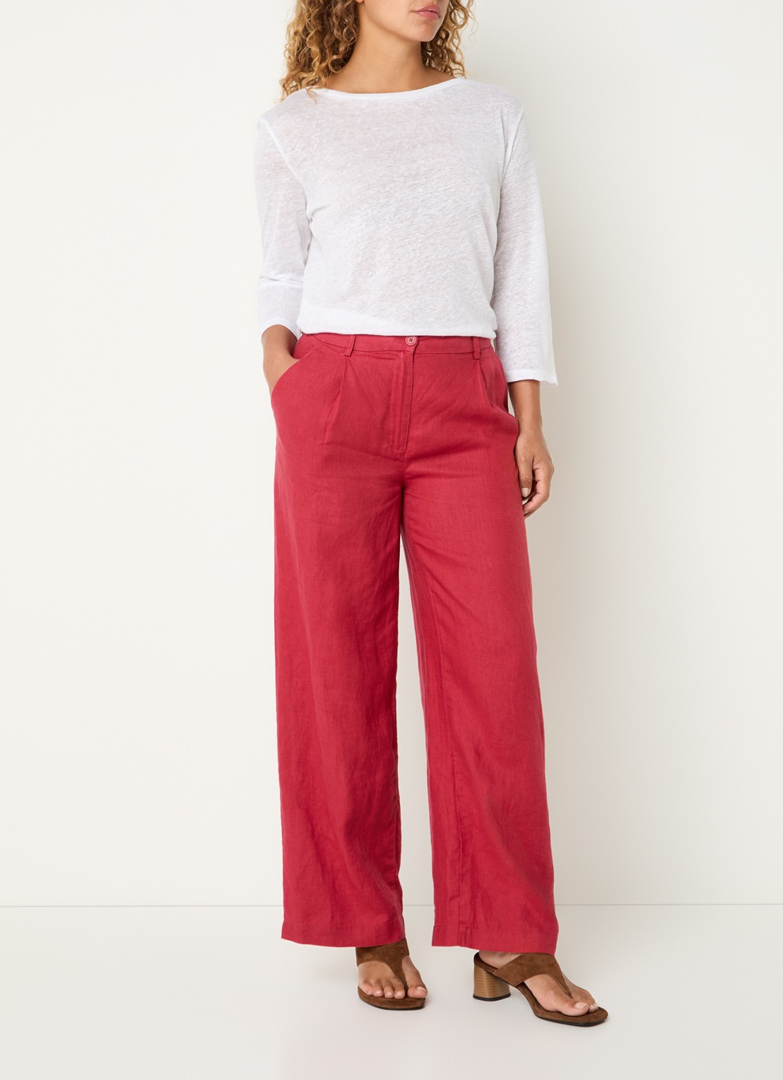 Benetton High waist wide fit chino van linnen met steekzakken - voorkant 3 rood