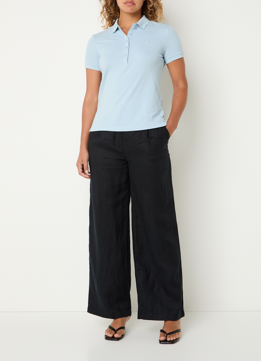 Benetton High waist wide fit chino van linnen met steekzakken - voorkant 3 zwart