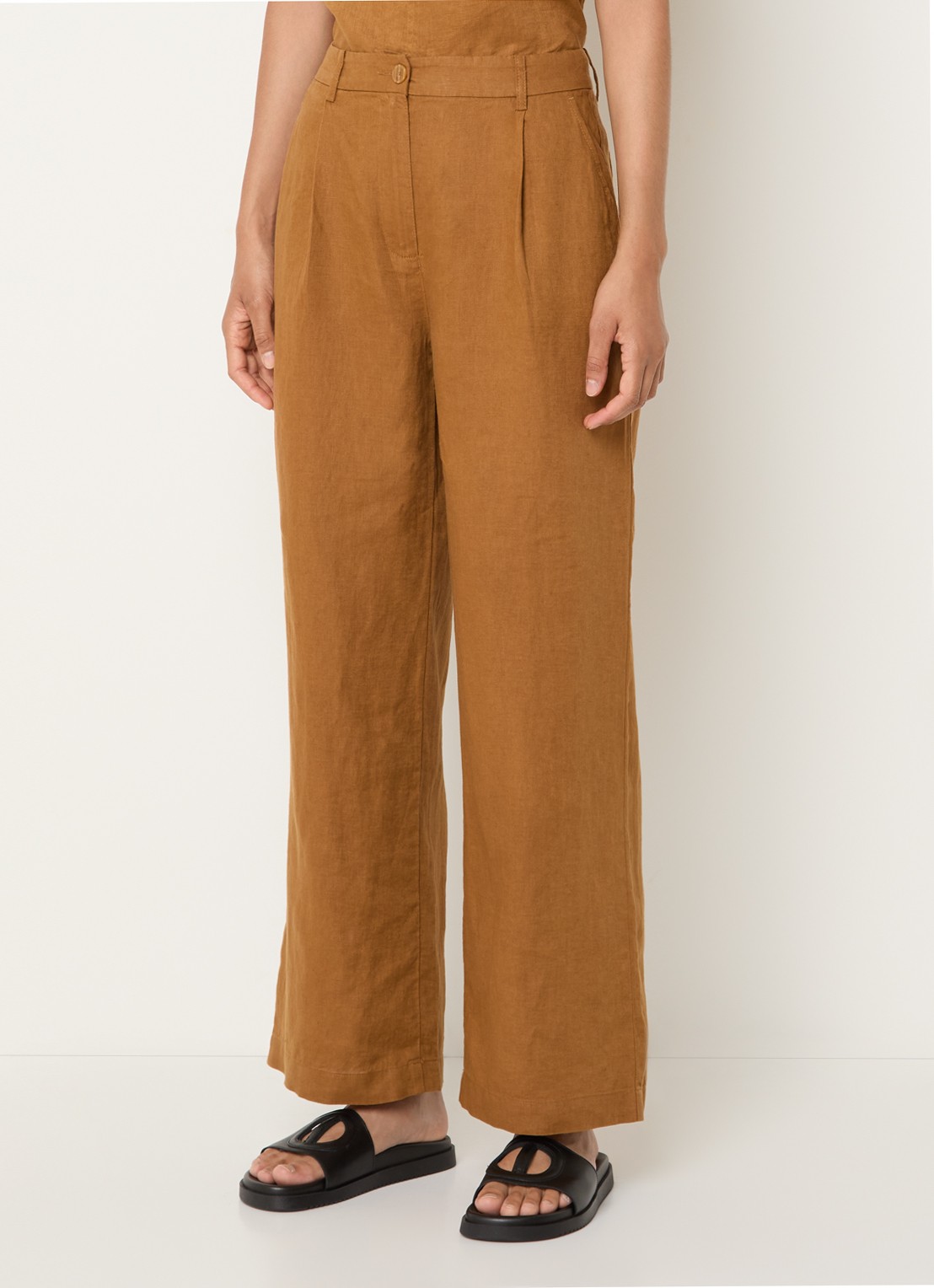 Benetton High waist wide fit chino van linnen met steekzakken - detail camel