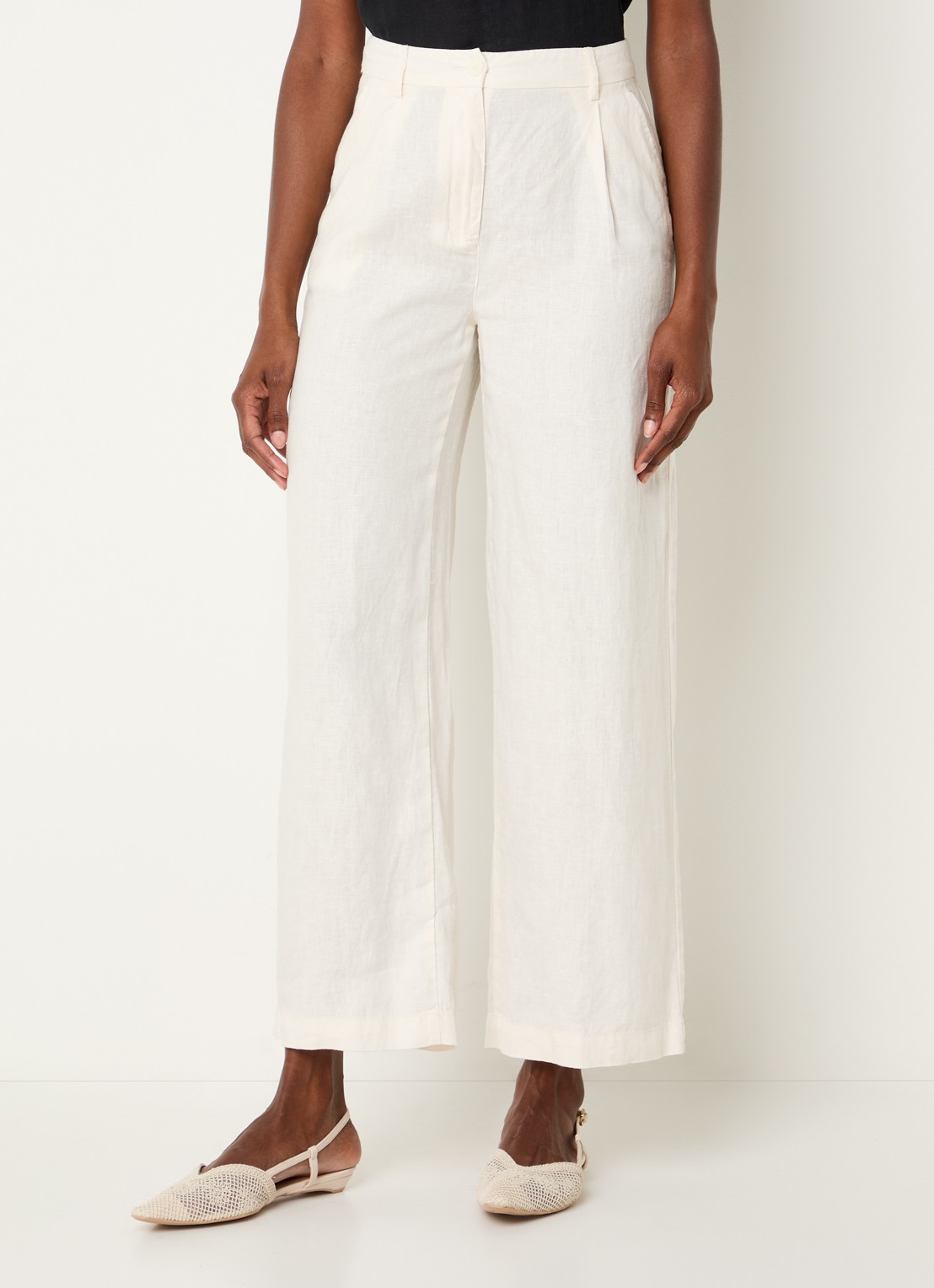 Benetton High waist wide fit chino van linnen met steekzakken - detail 3 creme