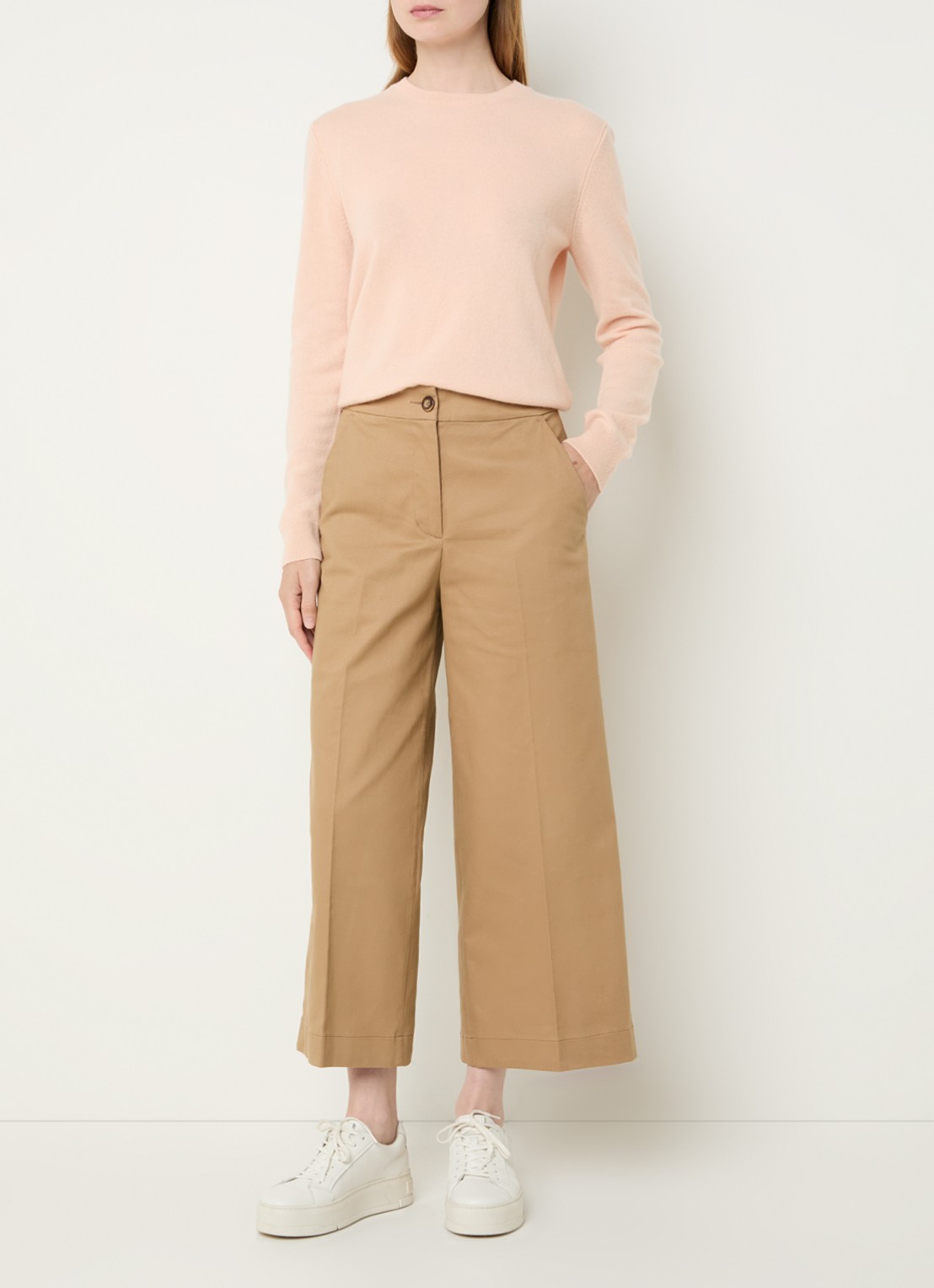 Benetton High waist wide fit cropped pantalon met steekzakken - voorkant 2 camel