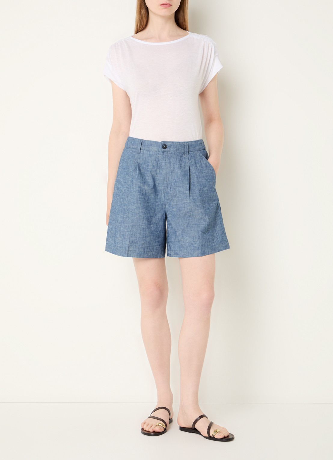Benetton High waist wide fit korte broek van chambray - voorkant 4 indigo