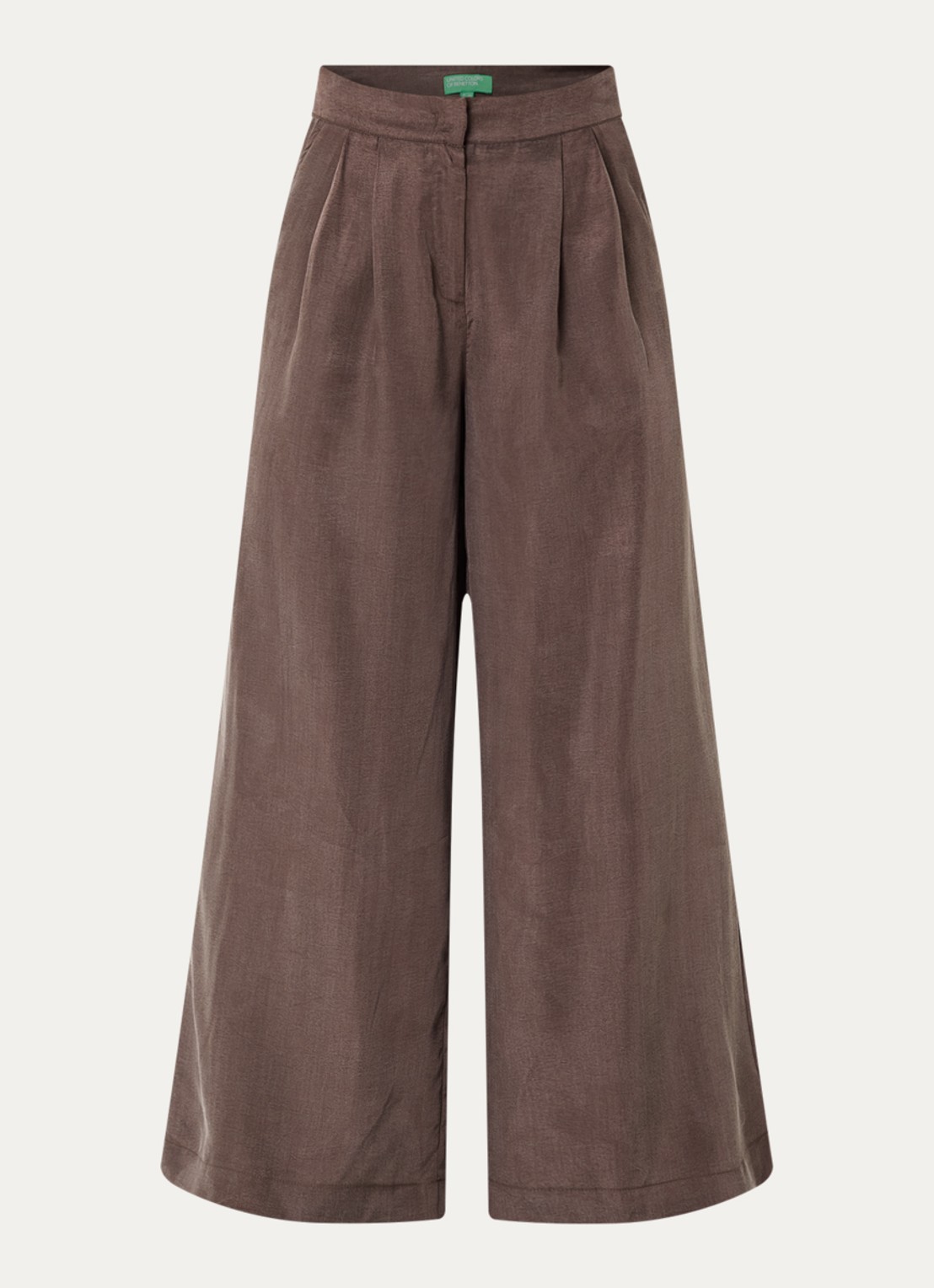 Benetton High waist wide fit pantalon met glanzende finish - voorkant kastanjebruin