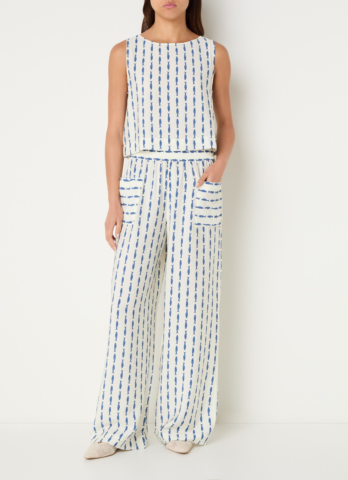 Benetton High waist wide fit pantalon met print - voorkant 3 indigo