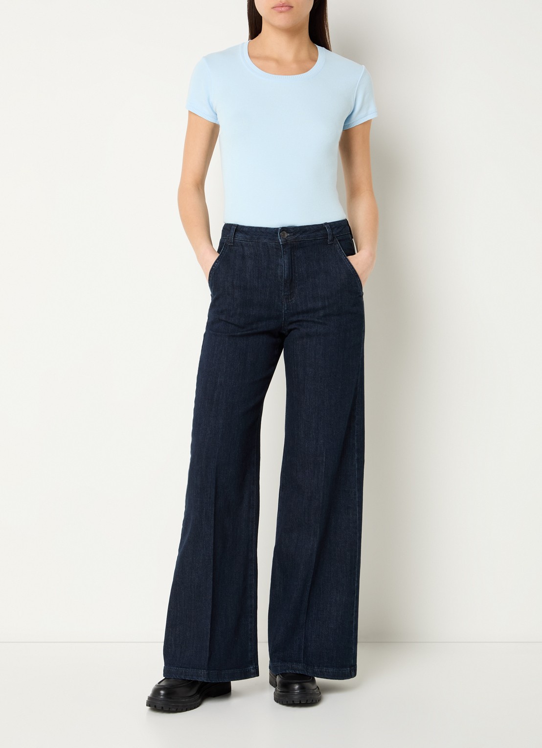 Benetton High waist wide fit pantalon met steekzakken - voorkant 4 donkerblauw