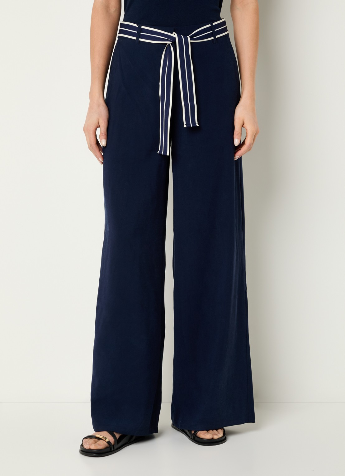 Benetton High waist wide fit pantalon met strickceintuur - detail donkerblauw