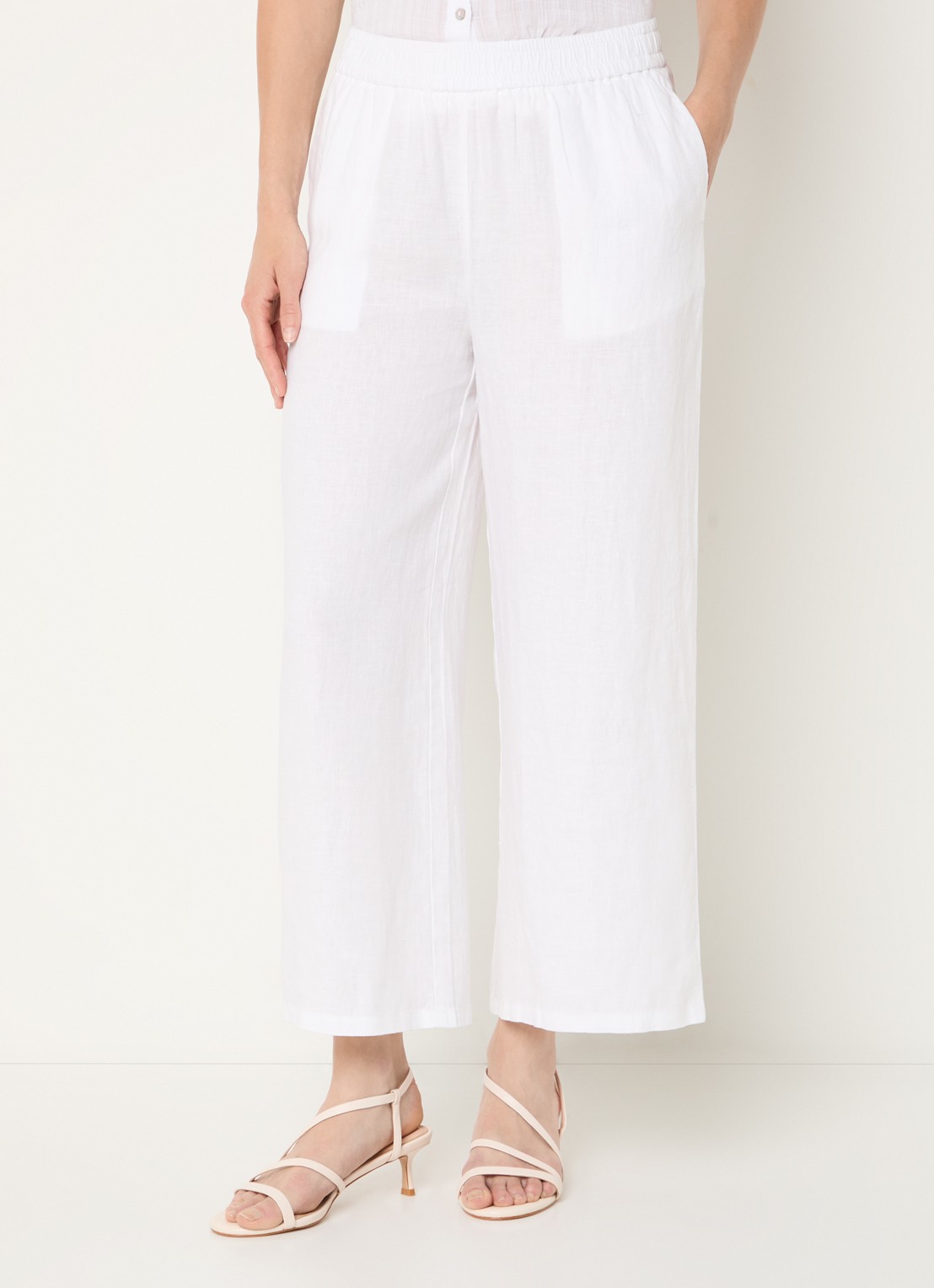 Benetton High waist wide fit pantalon van linnen - detail 3 gebroken wit