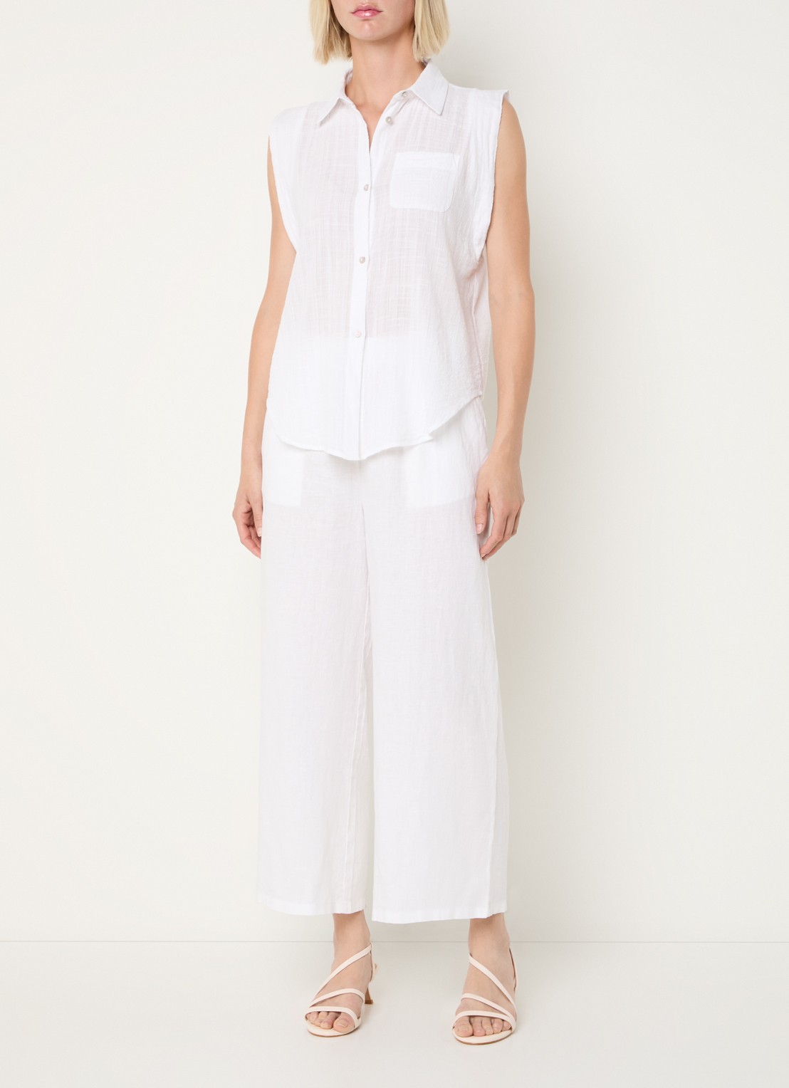 Benetton High waist wide fit pantalon van linnen - voorkant 2 gebroken wit
