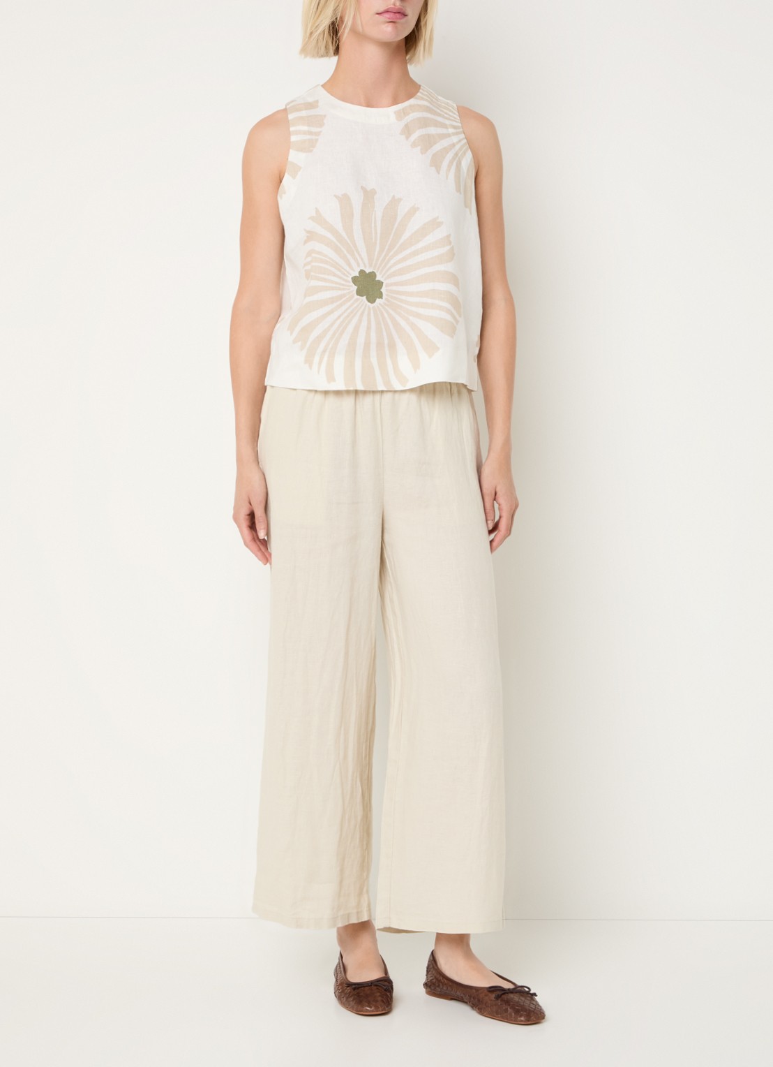 Benetton High waist wide fit pantalon van linnen - voorkant 4 creme