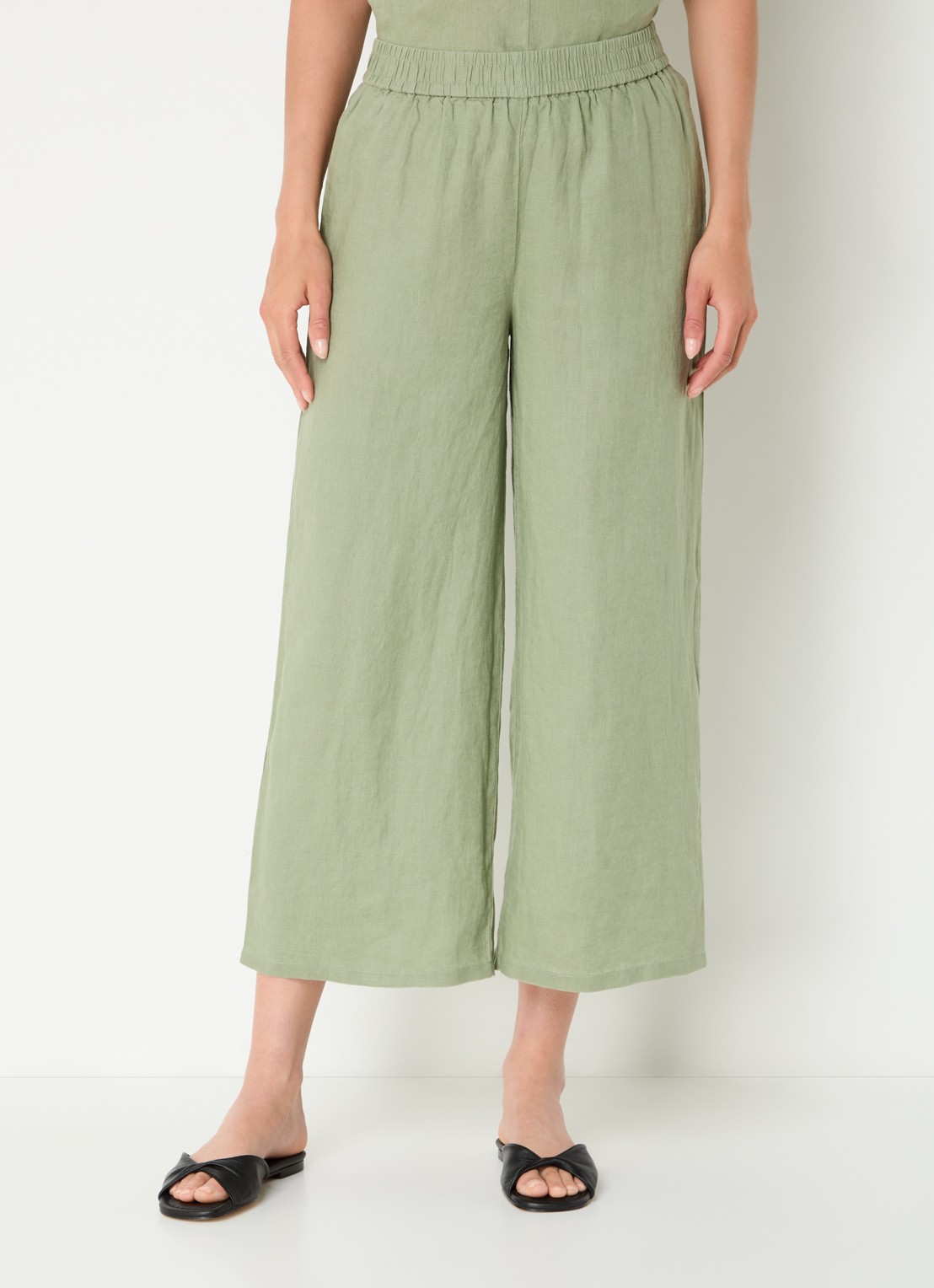 Benetton High waist wide fit pantalon van linnen - detail 3 groen