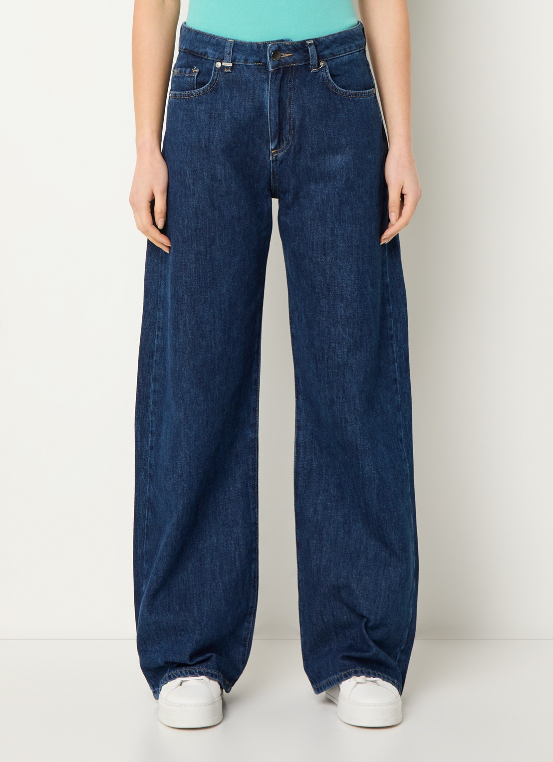 Benetton High waist wide leg jeans met donkere wassing - detail 4 indigo