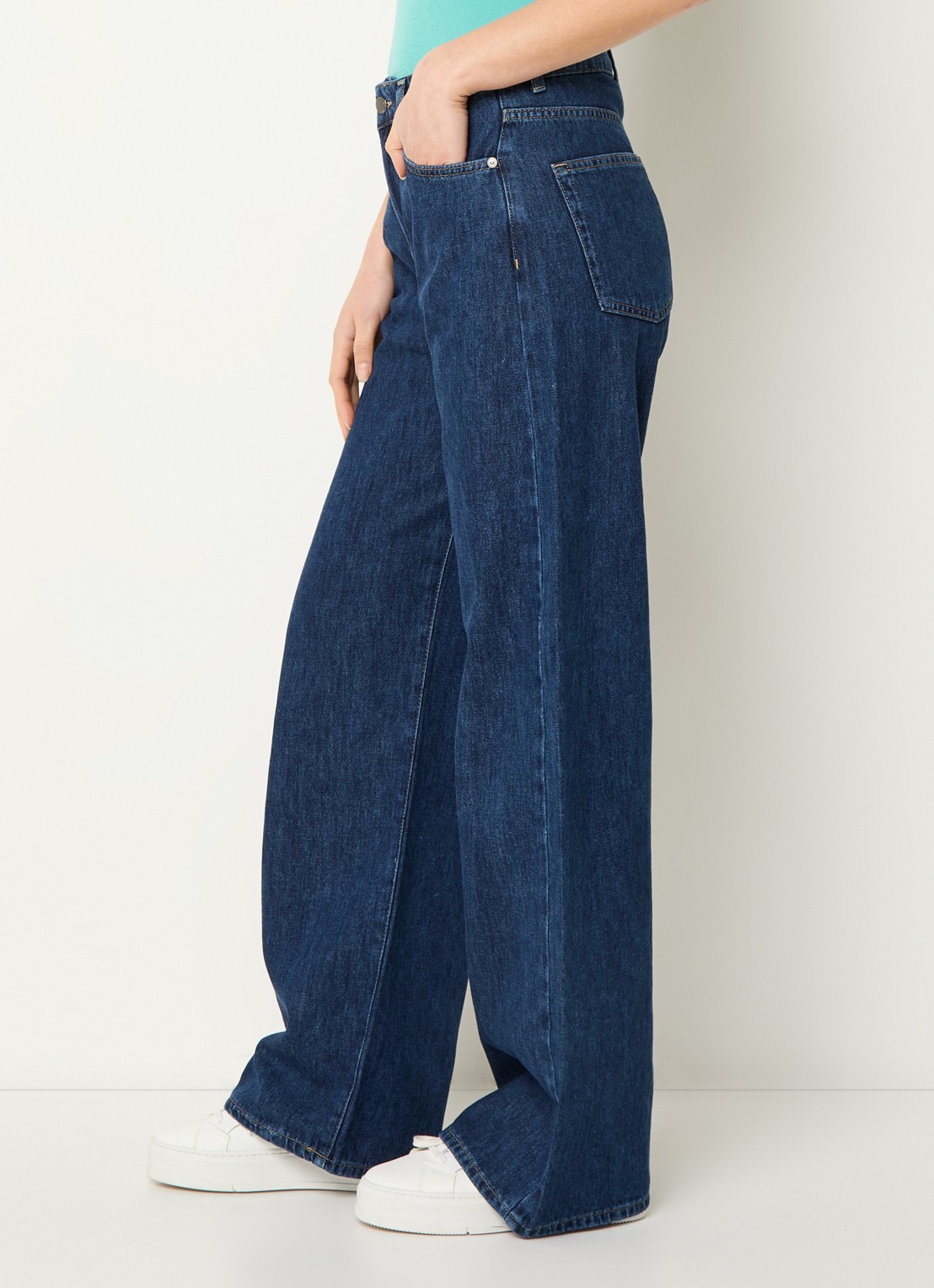 Benetton High waist wide leg jeans met donkere wassing - detail 5 indigo