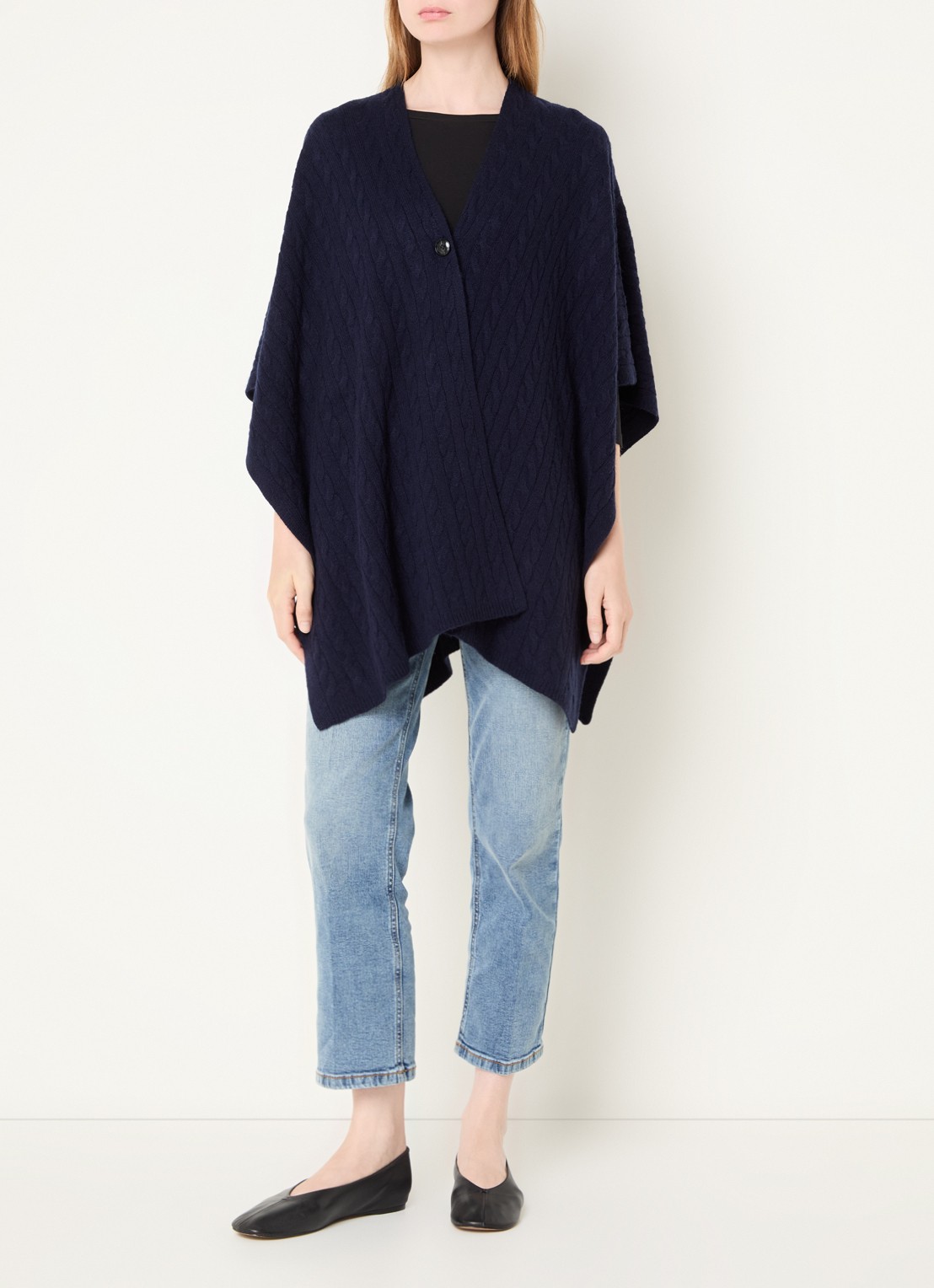 Benetton Kabelgebreide cape in kasjmierblend - voorkant 3 blauw