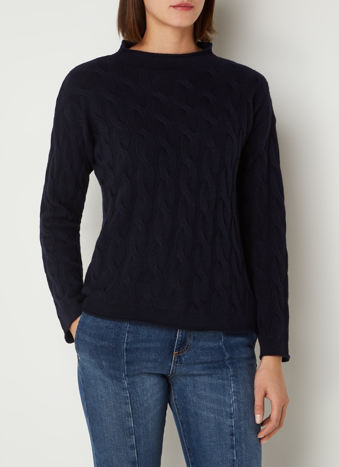 Benetton Kabelgebreide trui met col in kasjmierblend - detail donkerblauw