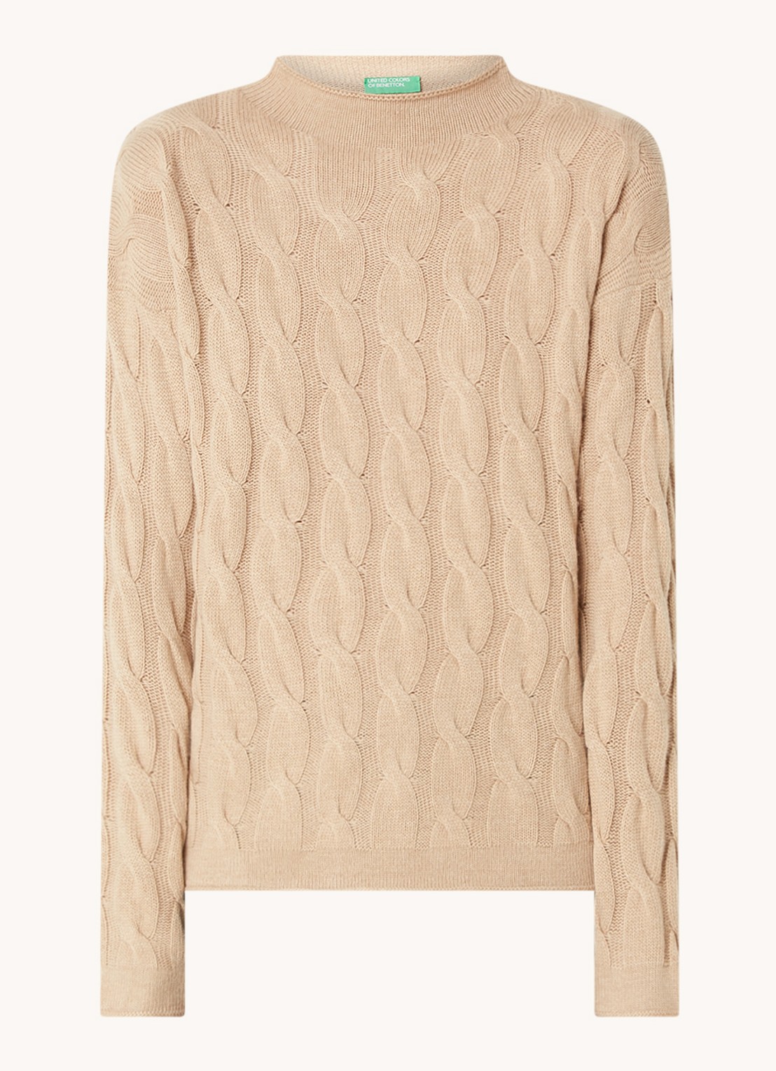 Benetton Kabelgebreide trui met col in kasjmierblend - voorkant 5 camel