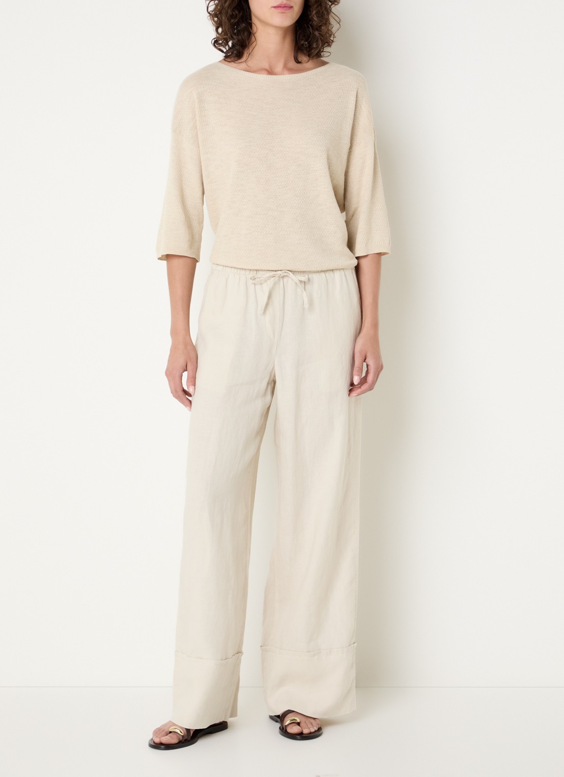 Benetton Low waist broek van linnen met steekzakken - voorkant 4 zand