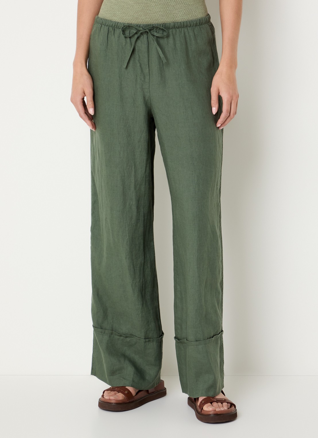 Benetton Low waist broek van linnen met steekzakken - detail 4 bronsgroen