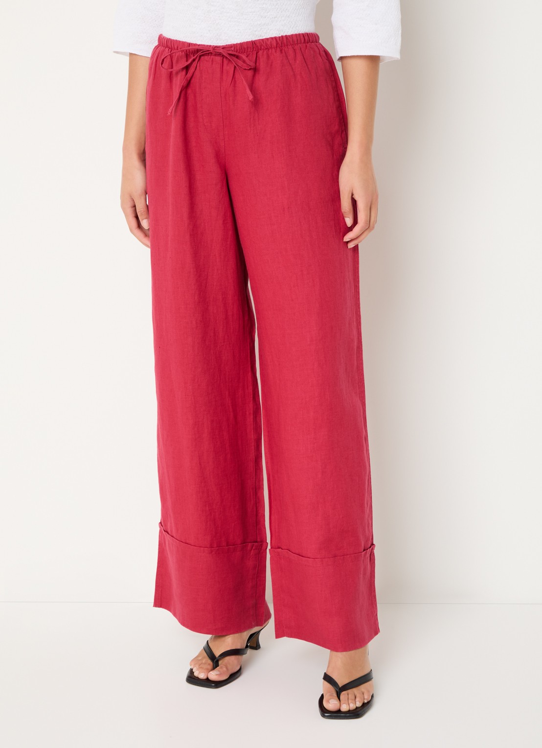Benetton Low waist broek van linnen met steekzakken - detail 3 cranberryrood