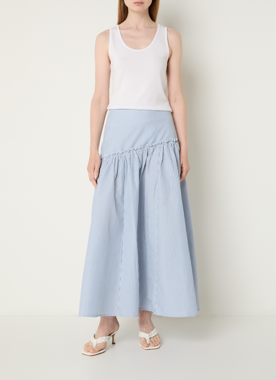 Benetton maxi rok met streepprint - voorkant 2 staalblauw