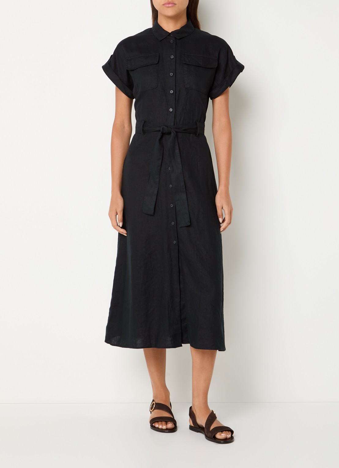 Benetton Midi blouse jurk van linnen met strikceintuur  - detail 3 zwart