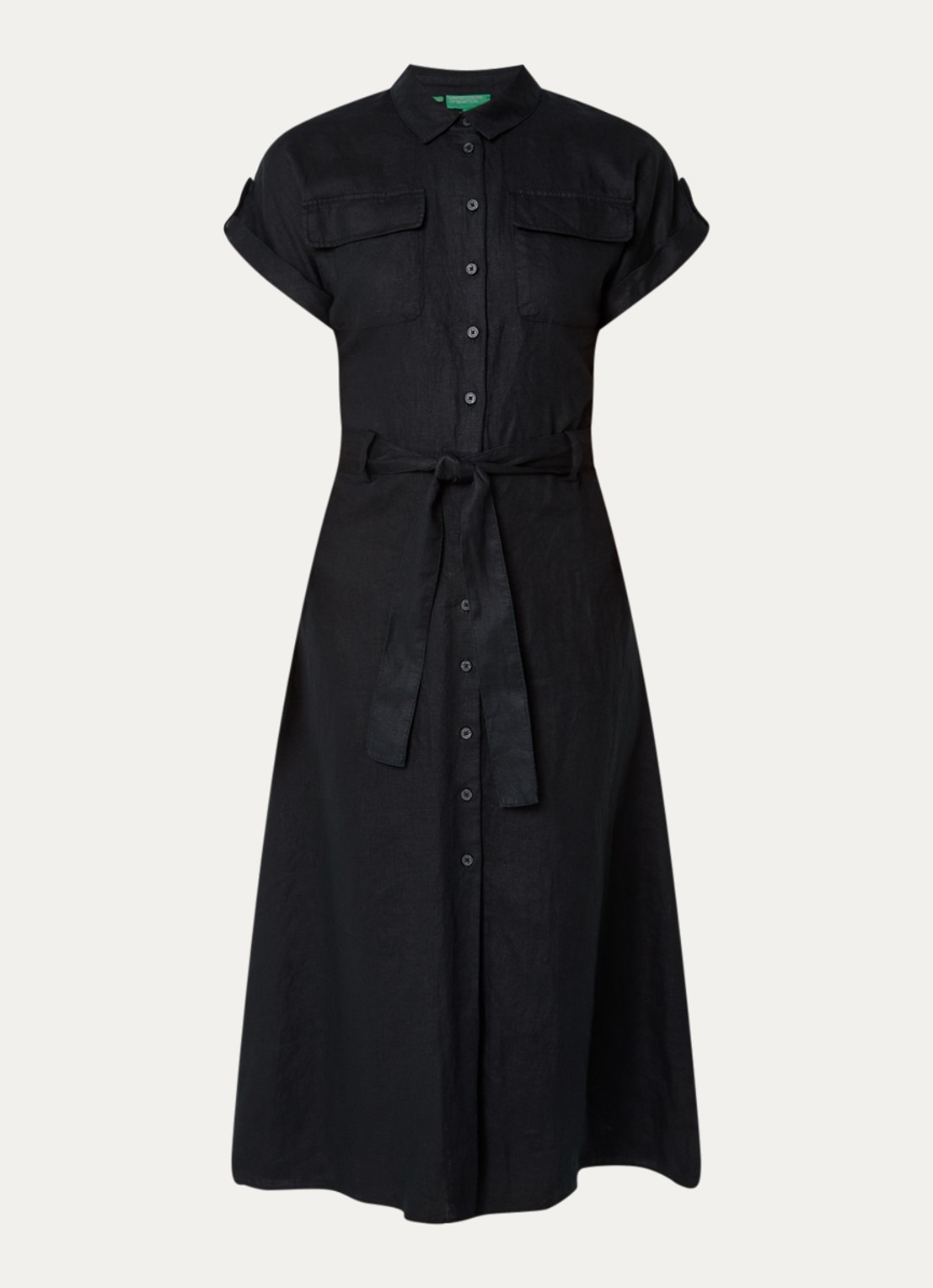 Benetton Midi blouse jurk van linnen met strikceintuur  - voorkant zwart