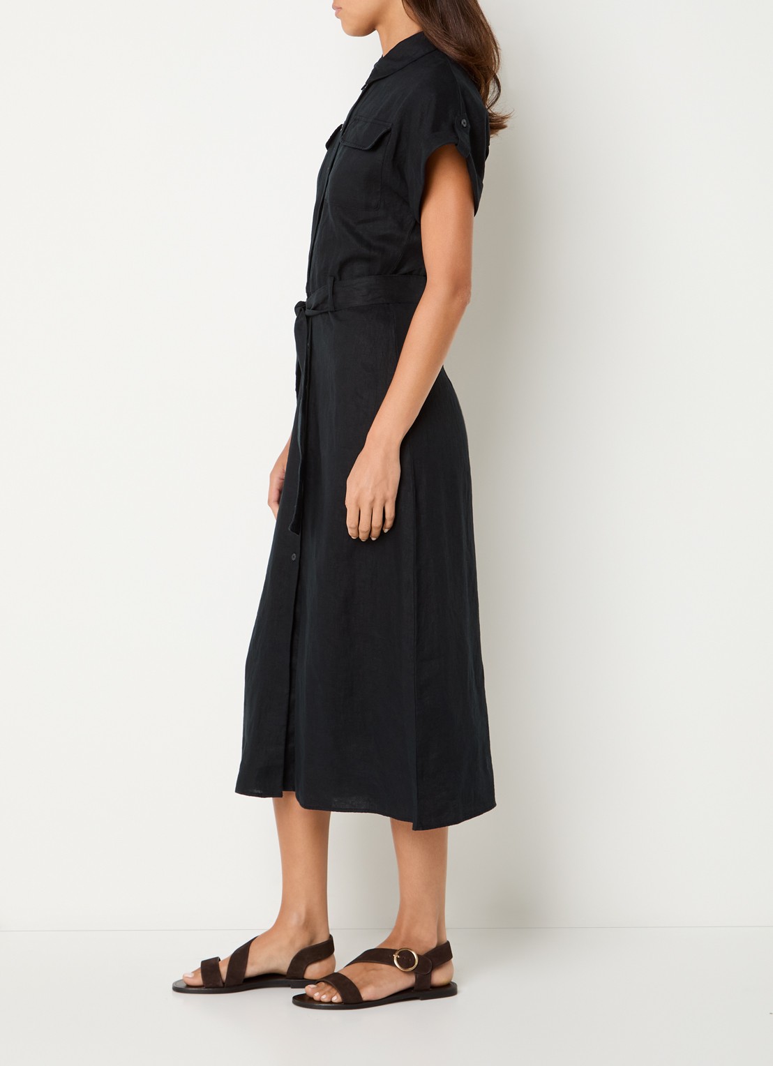 Benetton Midi blouse jurk van linnen met strikceintuur  - voorkant 2 zwart